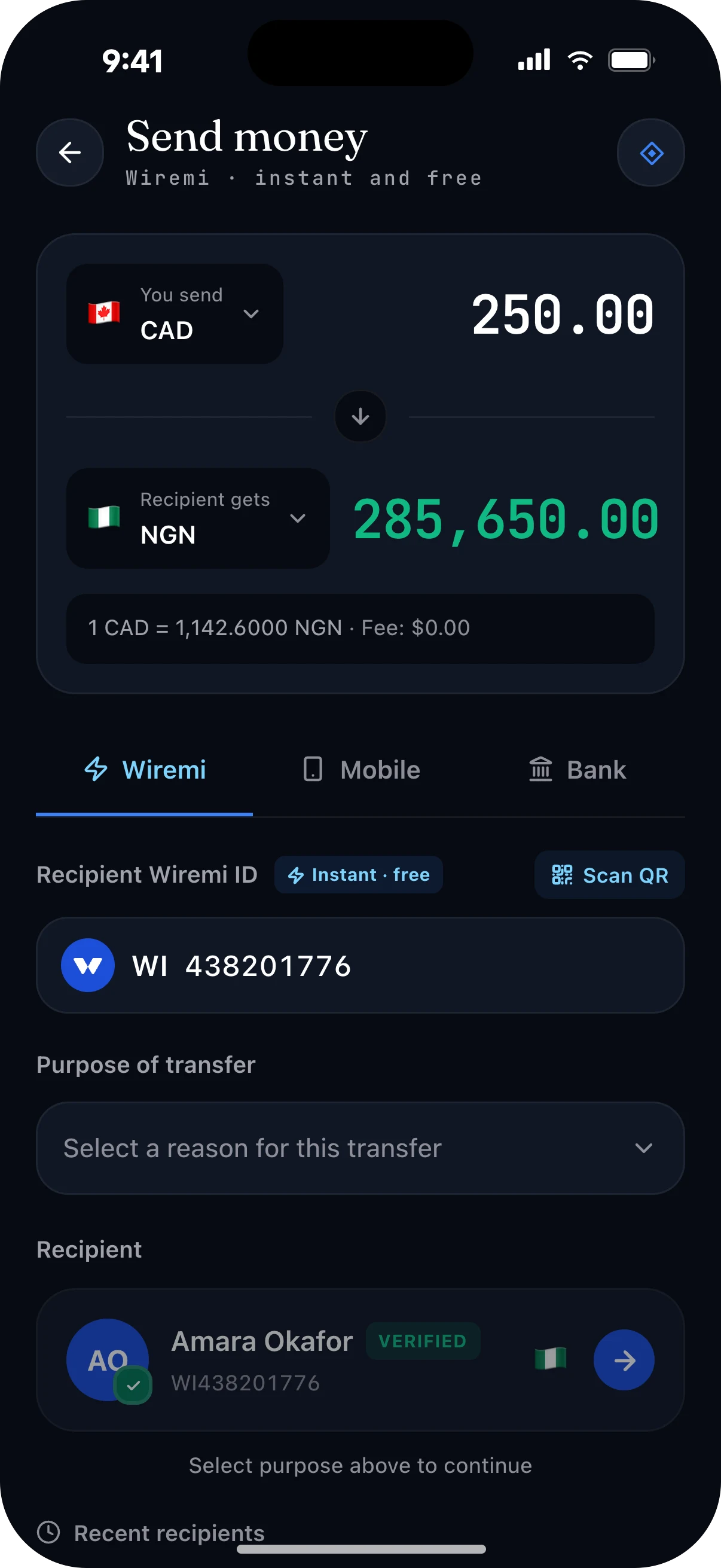 The send money screen showing a Canada to Nigeria transfer